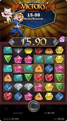 Gem Saviour · Panel angka tengah dan spanduk kemenangan pertempuran di area animasi karakter.